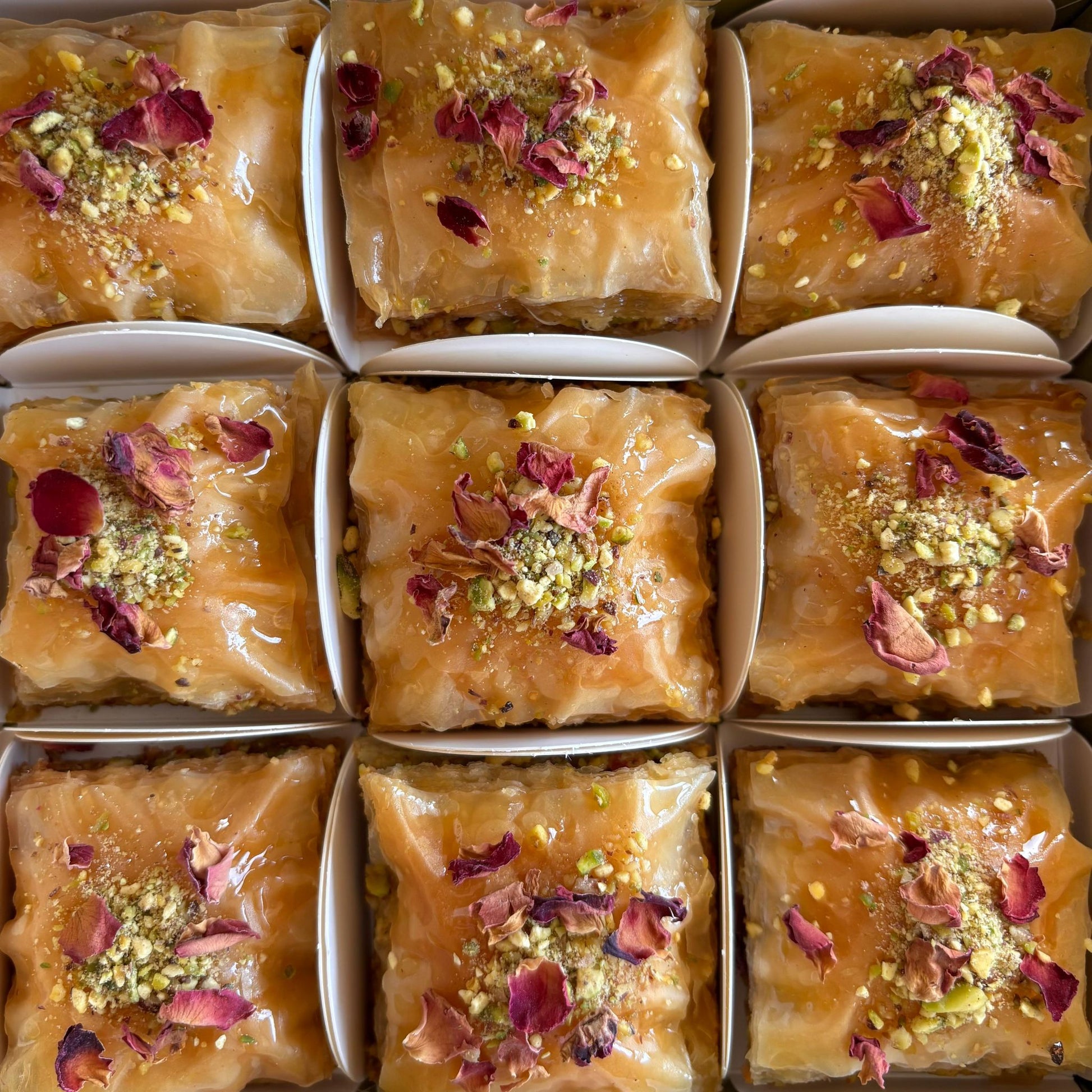 Square classic baklawa with rose petals and pistachios in small white boxes.